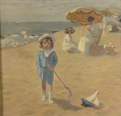  Raoul DU GARDIER (1871-1952) 
Enfant sur la plage 
Huile sur toile signée en bas...