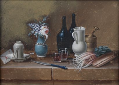 null 20th century FRENCH school, follower of LELONG

Still life with cup, wine bottles,...