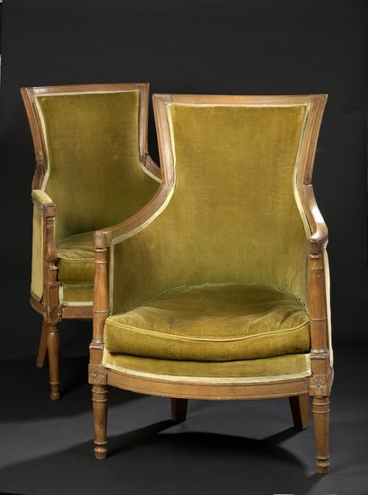 null Two molded beechwood bergères with tiled backs, armrests with detached columns,...