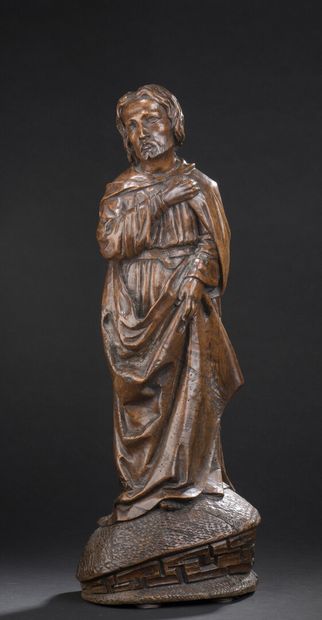 null 
*Saint figure in carved wood. Standing on a mound with a Greek frieze, the...