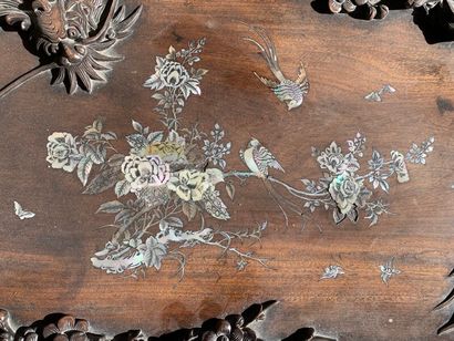 null Carved wooden tray decorated with dragon, prunus flowers and mother-of-pearl...