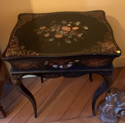 null 
Blackened wood working table with flowers decoration in marquetry of brass...