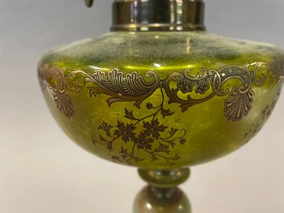 null Green onyx oil lamp base with cloisonné enamel and green glass with gilded decoration.

H...