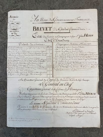 null -Brevet d'Adjudan Commandant de l'armée de Saint Domingue du 18 nov 1803

-Lettre...
