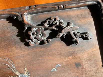 null Carved wooden tray decorated with dragon, prunus flowers and mother-of-pearl...