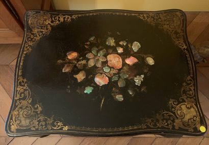 null 
Blackened wood working table with flowers decoration in marquetry of brass...