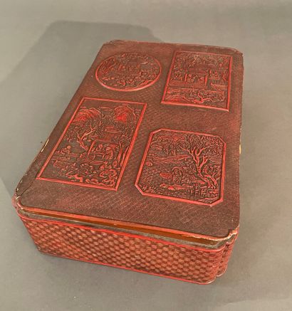 null A red lacquer rectangular box, the lid decorated with landscapes and animated...
