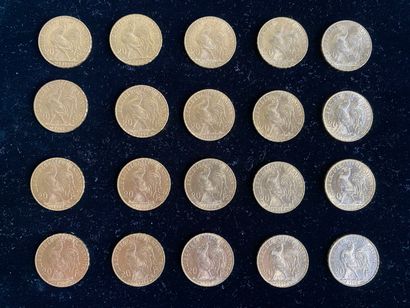 null 
FRANCE




20 monnaies de 20 francs en or, Marianne. 




Années : 1908 (15),...
