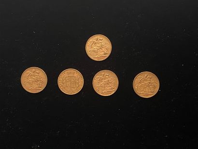  ANGLETERRE 
- 1 monnaies d’un souverain en or, Reine Victoria, Jubilé, 1891 
- 4...