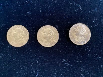  SUISSE 
3 monnaies de 20 francs en or, Helvetia,...