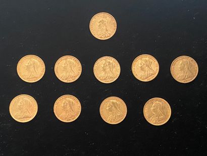  ANGLETERRE - 10 monnaies de 1 Souverain britannique. 
- 9 monnaies d’un souverain...