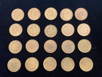 null 
FRANCE

20 monnaies de 20 francs en or Napoléon III tête nue ou couronnée,...