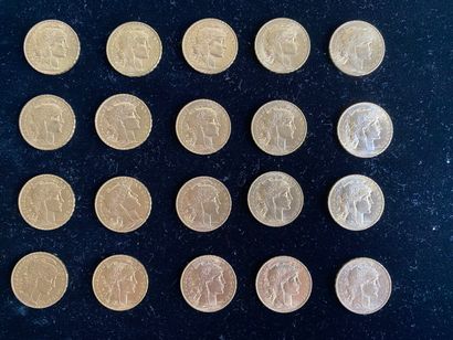  FRANCE 
20 monnaies de 20 francs en or, Marianne. 
Années : 1908 (15), 1913 (4)...