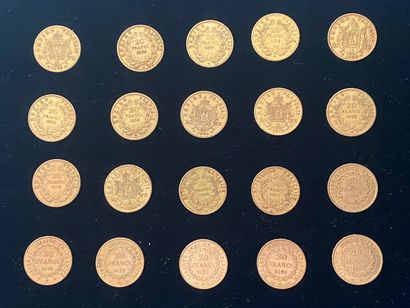  FRANCE 
20 monnaies : 
-14 monnaies de 20 francs en or, Second Empire, Napoléon...