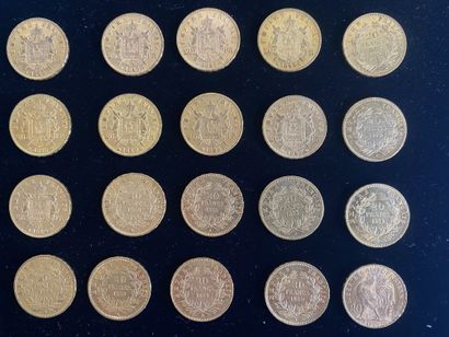  FRANCE 20 monnaies de 20 francs en or, Marianne, Napoléon III tête nue et tête couronnée....