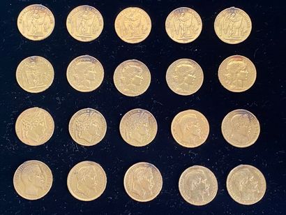  FRANCE 
20 monnaies de 20 francs en or, Napoléon III, Cérès, Marianne et Génie de...