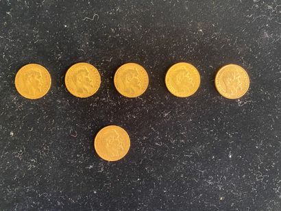  FRANCE 
6 monnaies de 20 francs en or, napoléon...