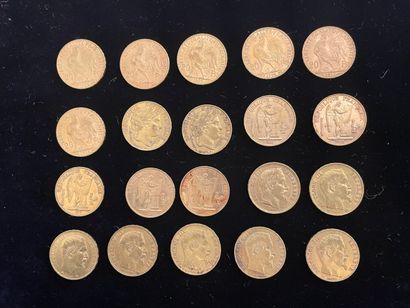null 
FRANCE

20 monnaies de 20 francs en or Napoléon III tête nue ou couronnée,...