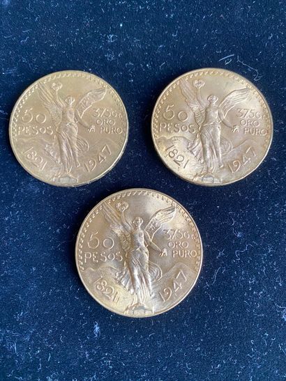  MEXIQUE 
3 monnaies de 50 pesos en or, 1921/1947 
Usures. Poids : 124,94 gr 