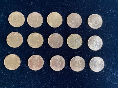 null 
PAYS-BAS 




15 monnaies de 10 florins en or, Wilhelmine, 1917.




Usures.





Poids...