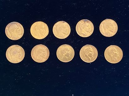 null 
FRANCE 




10 monnaies de 20 francs en or, Napoléon III couronné ou tête nue....