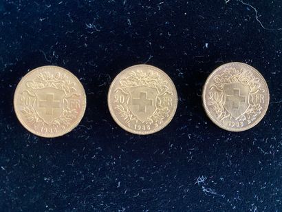null 
SUISSE




3 monnaies de 20 francs en or, Helvetia, 1935.




Usures.





Poids...