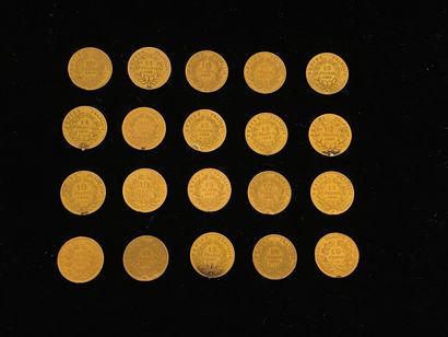  FRANCE 
20 monnaies de 10 francs en or, Napoléon III tête nue et couronnée et Cérès....