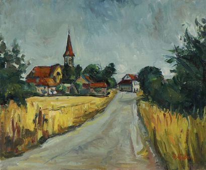 null 
Aron HABER- BERON 		


(Lodz 1908 - 1933 Lodz)




Village




Huile sur toile,...