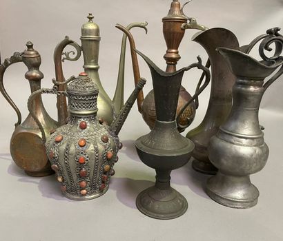 Lot of pewter, brass and metal teapots and...