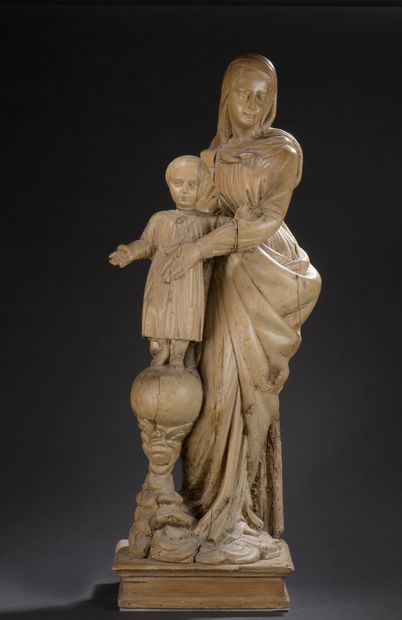 null Vierge à l'Enfant en bois de résineux sculpté avec infimes traces de polychromie,...