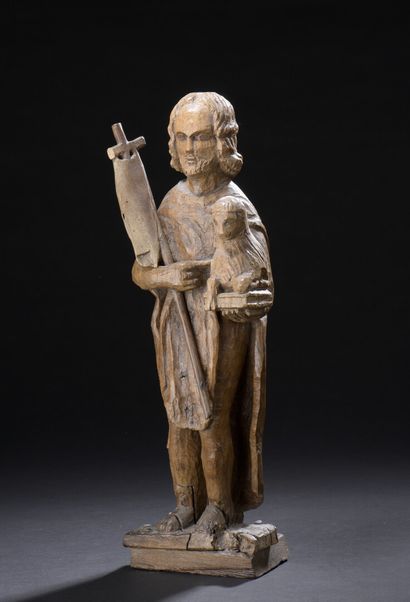 null Saint Jean-Baptiste en bois sculpté, dos ébauché. Il porte un livre sur lequel...