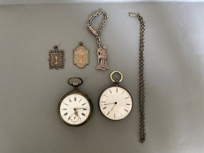 null Silver lot comprising: two pocket watches (one lacks the glass), two religious...