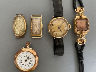 null Lot comprising a collar watch and four ladies' wristwatches, the cases in yellow...