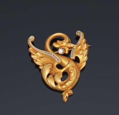 Brooch in the shape of a chimera in yellow...