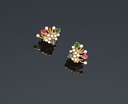 Pair of gold earrings decorated with colored...