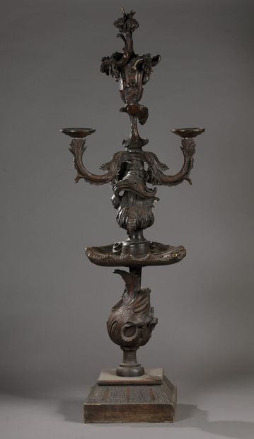 null Important candelabra in natural wood entirely carved with two arms of light,...