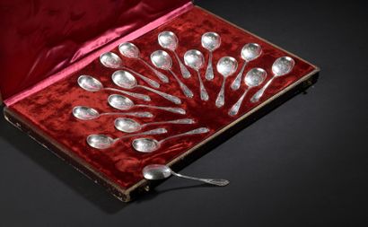 null Set of 18 silver ice-cream scoops, the spoon engraved with foliated volutes...