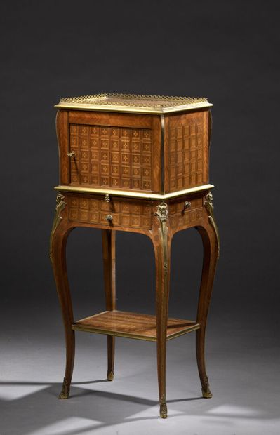 null Cabinet in veneered wood inlaid with cardboard with a curtain with slats, a...