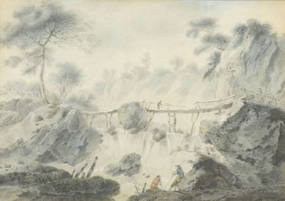 null Attributed to Jean PILLEMENT

(1726 - 1808)

Suspension bridge over a waterfall

Black...