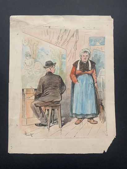 null HENRIOT (1857-1933)

"The painter and his model"

Watercolor on printed background,...