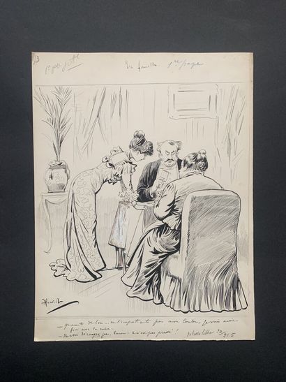  HENRIOT (1857-1933) 
Deux illustrations : 
"En famille" 
Plume sur papier, avec...