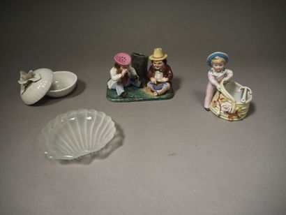 null Salière et poivrière en porcelaine figurant deux personnages assis. 

H. 8 cm

Accidents...