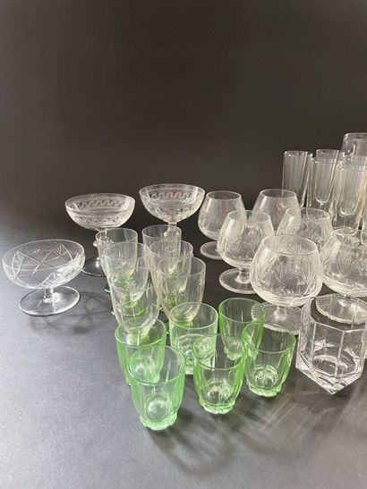 null Glassware: cut crystal ice bucket, carafe, pitchers, various glasses and mi...