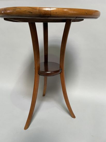 null Small mahogany pedestal table with three arched legs joined by a strut, the...