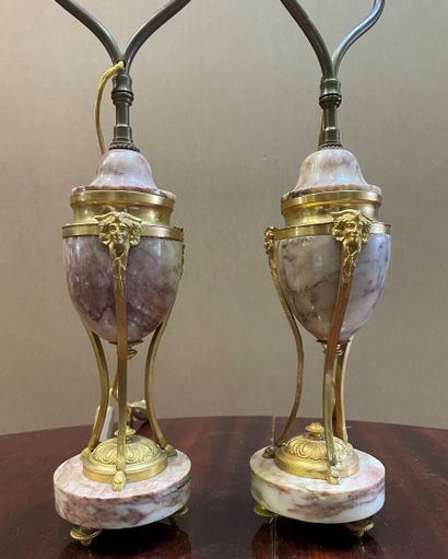 null Pair of small ovoid covered vases in pink marble in the shape of an Athenian,...