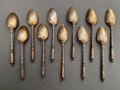 null Suite of twelve small silver spoons, the truncated cone-shaped handle decorated...
