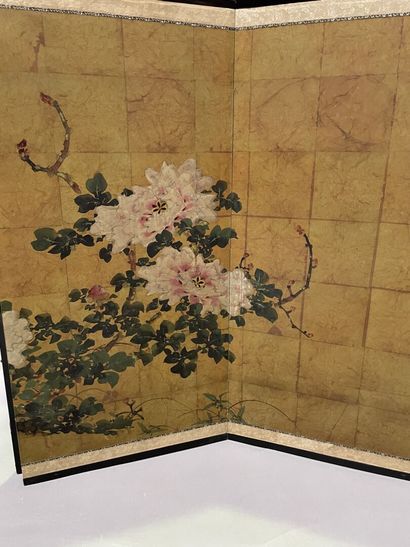 null Four-leaf screen: watercolor on printed paper decorated with flowering branches,...
