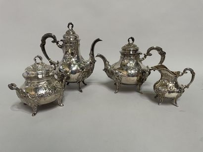 Silver tea and coffee set with flowers and...