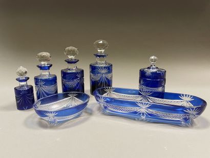 Set of toilet in cut glass tinted blue including:...