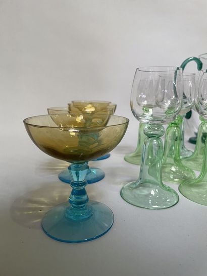 null Lot of glassware: 4 truncated cone-shaped decanters with gold frieze, colored...